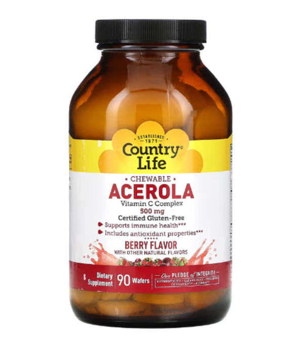 Country Life, Chewable Acerola, Vitamin C Complex, Berry, 500 mg, 90 Wafers