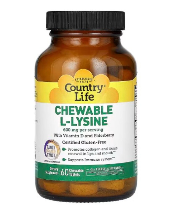 Country Life, Chewable L-Lysine With Vitamin D and Elderberry, Tangy Orange Twist, 600 mg, 60 Chewable Tablets (300 mg per Tablet)