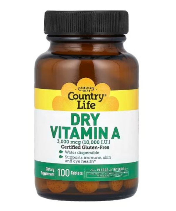 Country Life, Dry Vitamin A, 3,000 mcg (10,000 IU), 100 Tablets