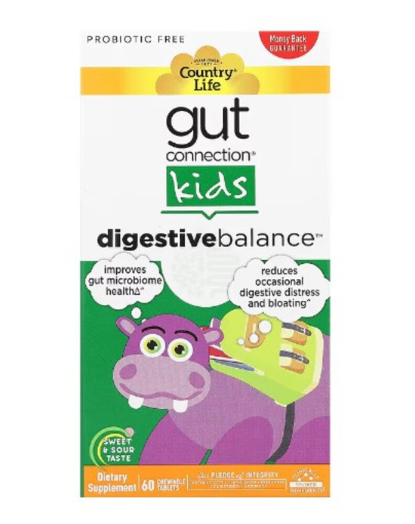 Country Life, Gut Connection Kids, Digestive Balance, Sweet & Sour, 60 Chewable Tablets