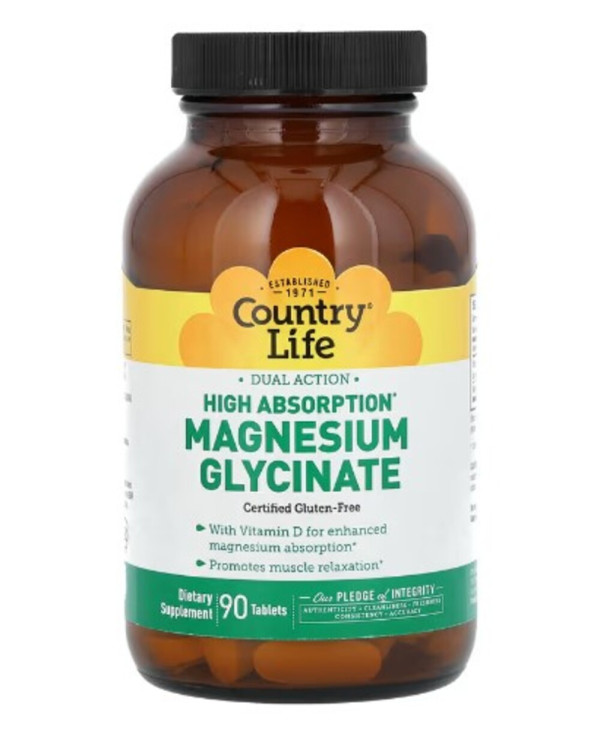 Country Life, High Absorption Dual Action Magnesium Glycinate, 90 Tablets