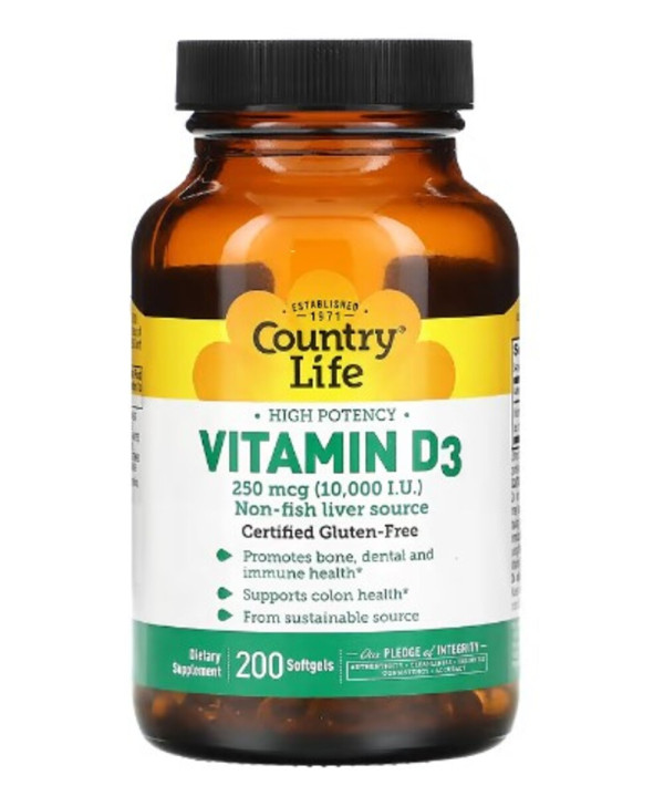 Country Life, High Potency Vitamin D3, 250 mcg (10,000 IU), 200 Softgels