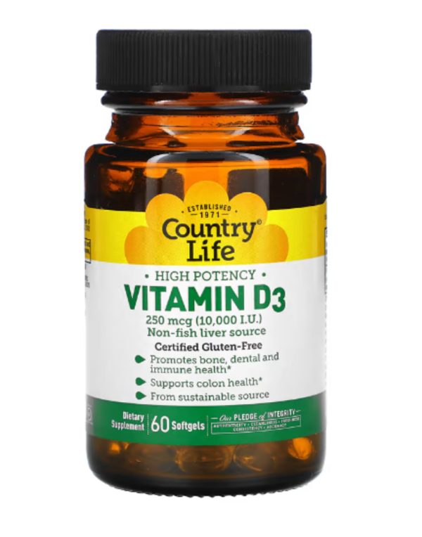 Country Life, High Potency Vitamin D3, 250 mcg (10,000 IU), 60 Softgels