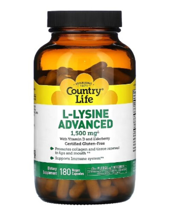 Country Life, L-Lysine, Advanced, 1,500 mg, 180 Vegan Capsules (500 mg per Capsule)