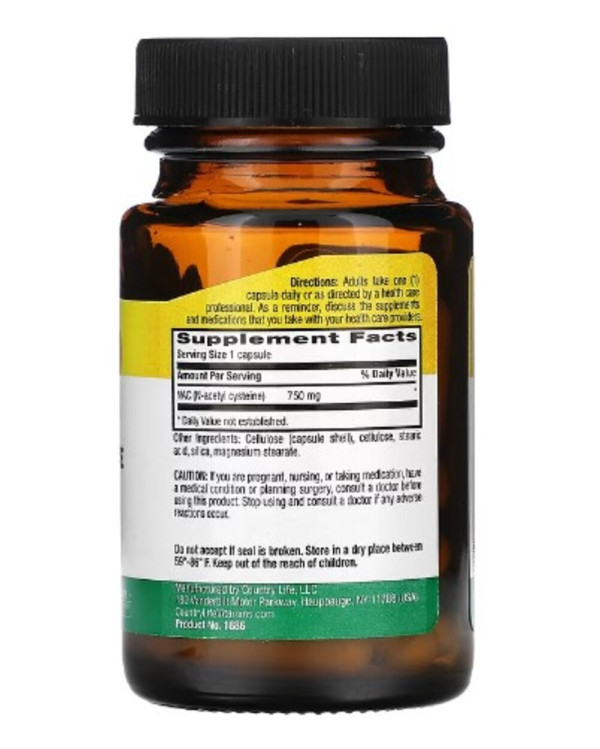 Country Life, NAC, N-Acetyl Cysteine, 750 mg, 30 Vegan Capsules