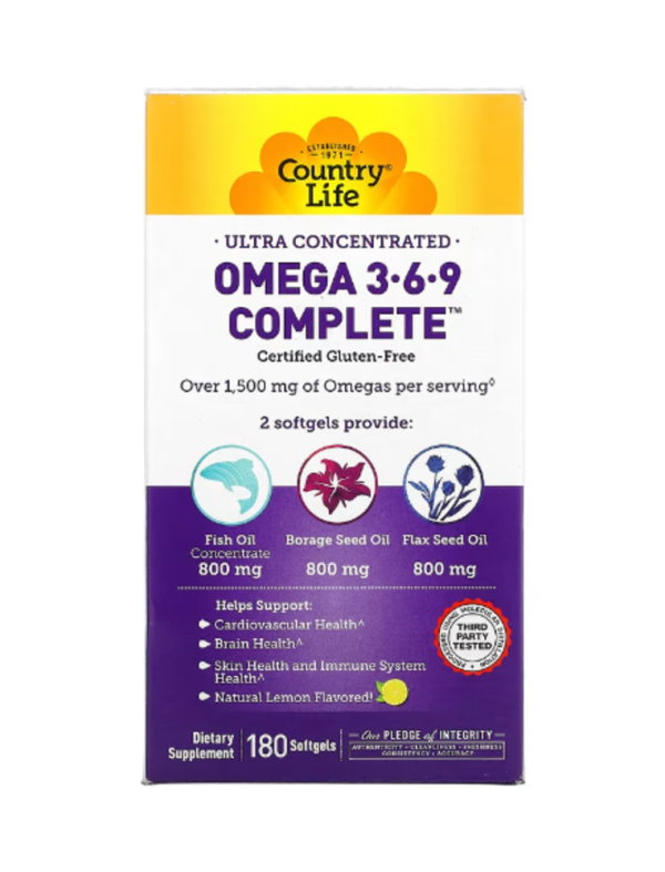 Country Life, Omega 3-6-9 Complete, Ultra Concentrated, Natural Lemon, 180 Softgels