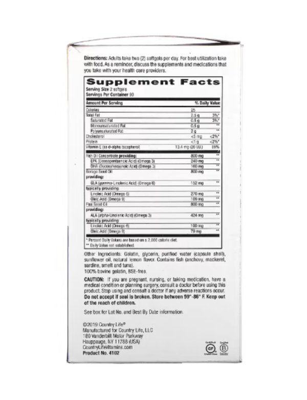 Country Life, Omega 3-6-9 Complete, Ultra Concentrated, Natural Lemon, 180 Softgels