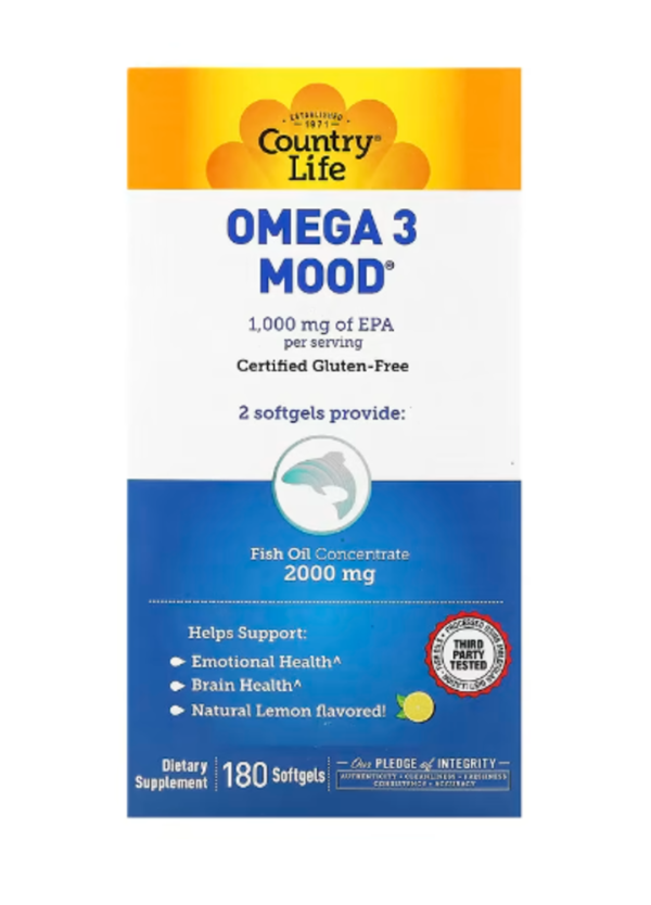 Country Life, Omega 3 Mood, Natural Lemon, 180 Softgels