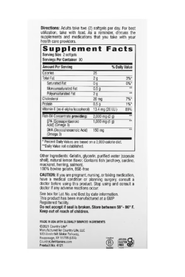 Country Life, Omega 3 Mood, Natural Lemon, 180 Softgels