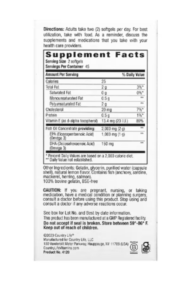 Country Life, Omega 3 Mood, Natural Lemon, 90 Softgels