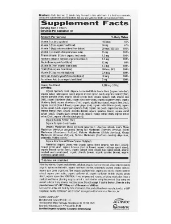 Country Life, Realfood Organics, Multivitamin For Men, 60 Easy-to-Swallow Tablets