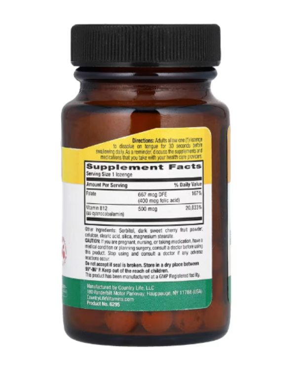 Country Life, Vitamin B12 with Folate, Cherry, 100 Lozenges