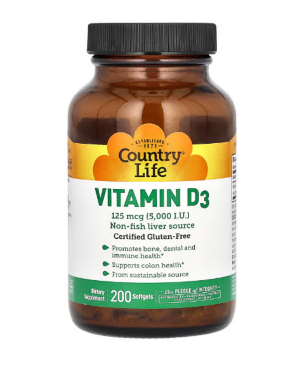 Country Life, Vitamin D3, 125 mcg (5,000 IU), 200 Softgels