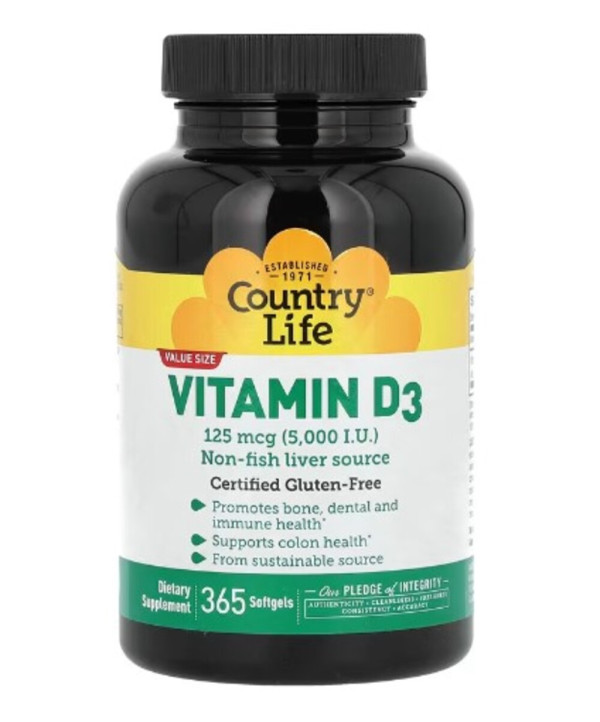 Country Life, Vitamin D3, 125 mcg (5,000 lU), 365 Softgels