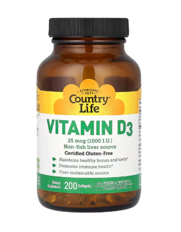 Country Life, Vitamin D3, 25 mcg (1,000 I.U.), 200 Softgels