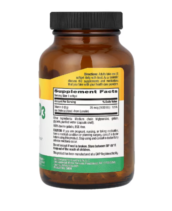 Country Life, Vitamin D3, 25 mcg (1,000 I.U.), 200 Softgels