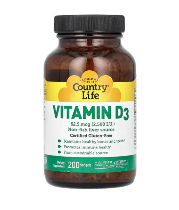 Country Life, Vitamin D3, 62.5 mcg (2,500 I.U.), 200 Softgels