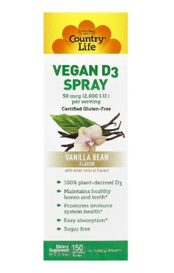 Country Life, Vitamin D3 Spray, Vanilla Bean, 50 mcg (2,000 IU), 150 Ingestible Sprays, 0.81 fl oz (24 ml)