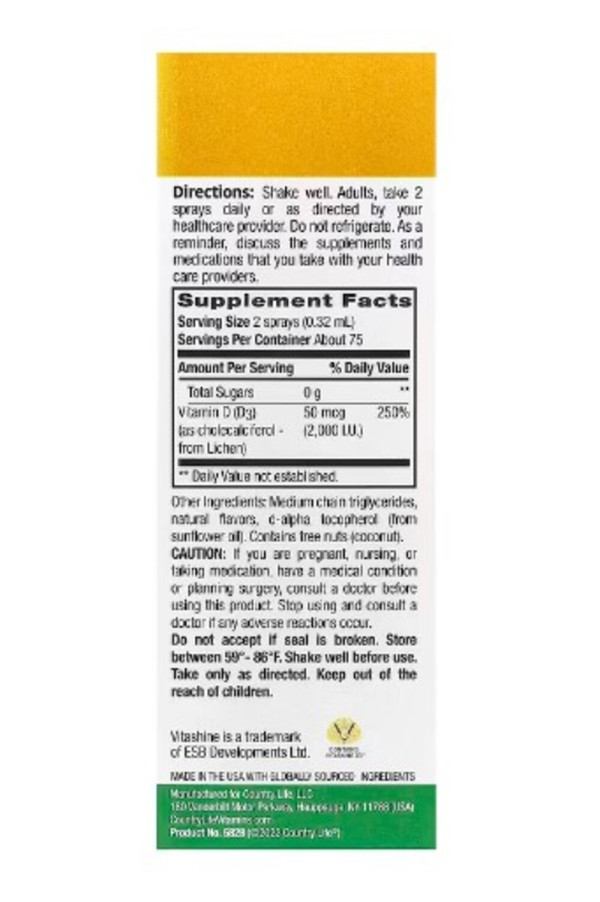 Country Life, Vitamin D3 Spray, Vanilla Bean, 50 mcg (2,000 IU), 150 Ingestible Sprays, 0.81 fl oz (24 ml)
