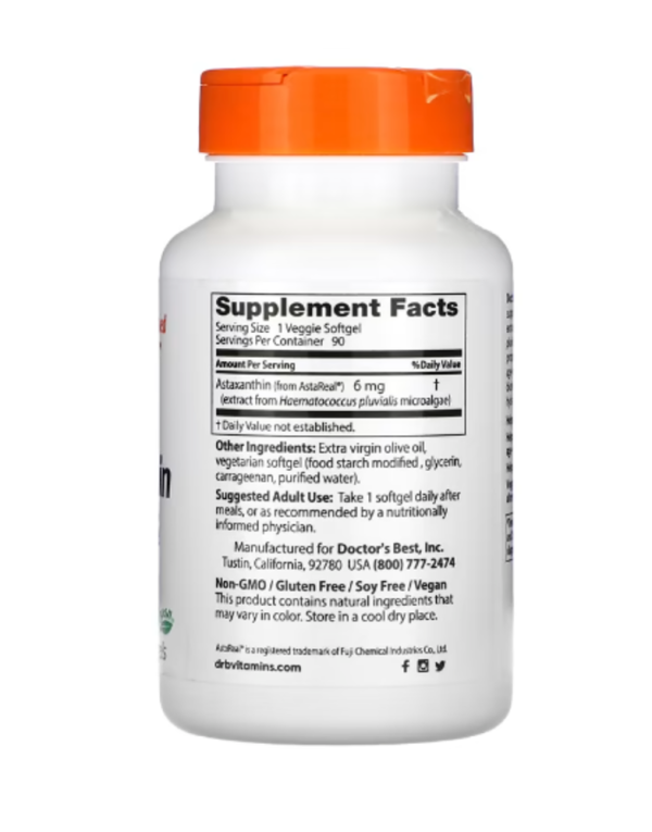 Doctor's Best, Astaxanthin with AstaReal, 6 mg, 90 Veggie Softgels
