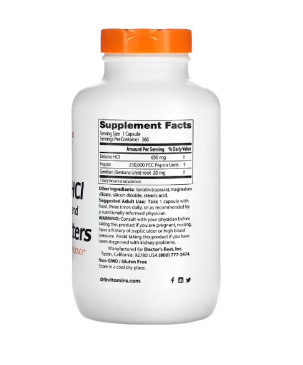 Doctor's Best, Betaine HCl, Pepsin and Gentian Bitters, 360 Capsules