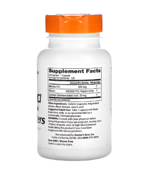 Doctor's Best, Betaine HCl Pepsin & Gentian Bitters, 120 Capsules