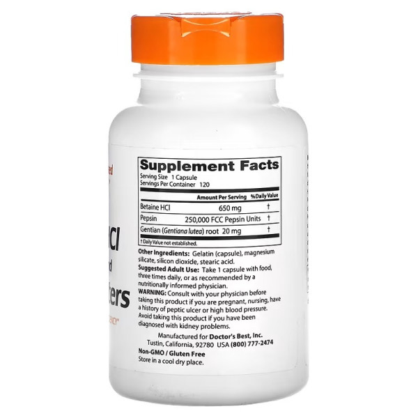 Doctor's Best, Betaine HCl Pepsin & Gentian Bitters, 120 Capsules