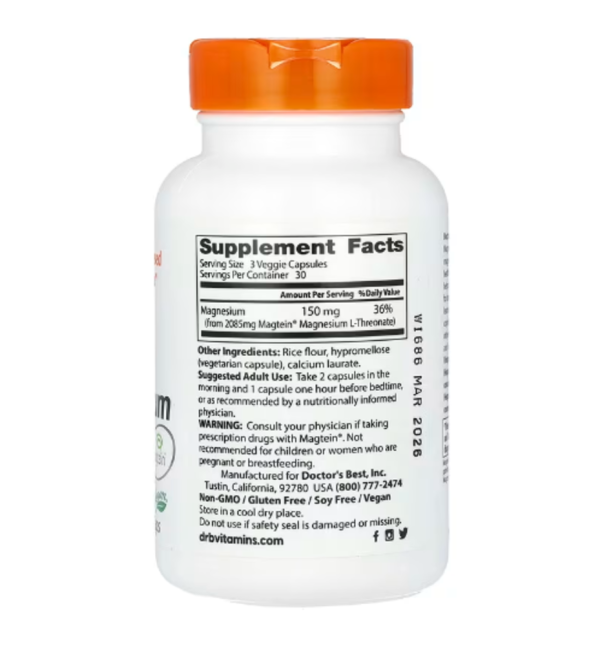 Doctor's Best, Brain Magnesium with Magtein, 150 mg, 90 Veggie Caps (50 mg per Capsule)