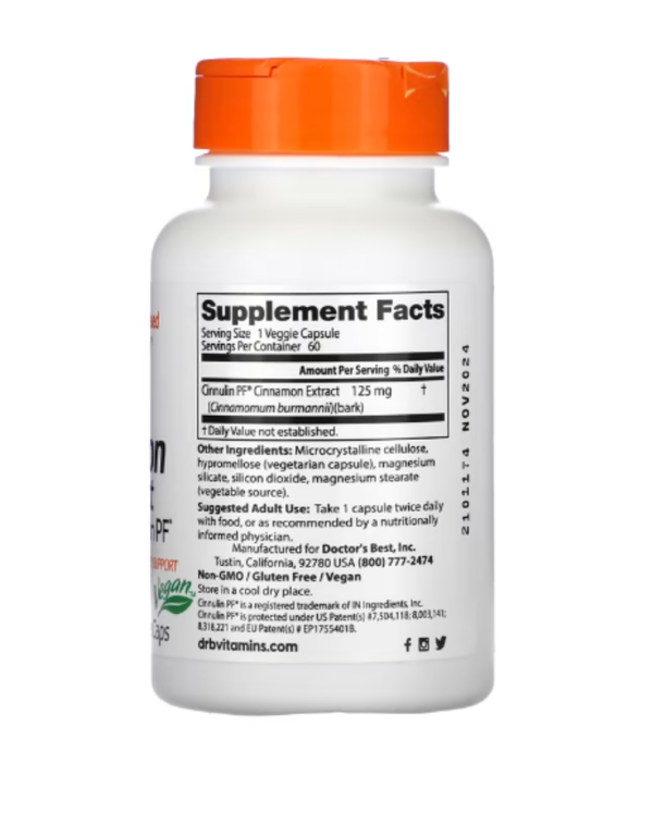 Doctor's Best, Cinnamon Extract with Cinnulin PF, 125 mg, 60 Veggie Caps