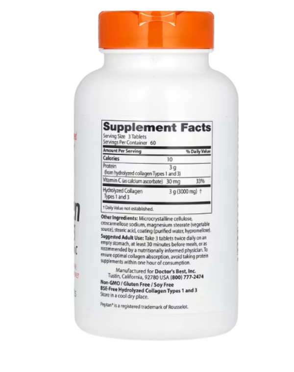Doctor's Best, Collagen Types 1 and 3 with Peptan and Vitamin C, 1,000 mg, 180 Tablets