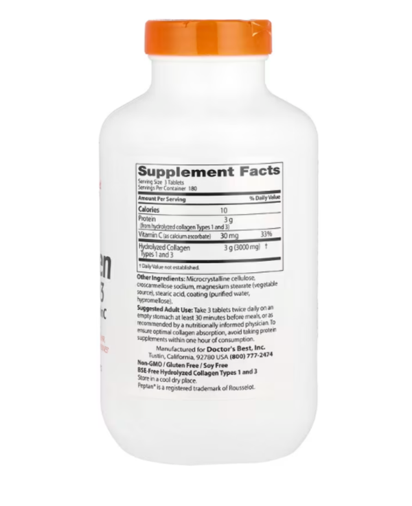 Doctor's Best, Collagen Types 1 and 3 with Peptan and Vitamin C, 1,000 mg, 540 Tablets