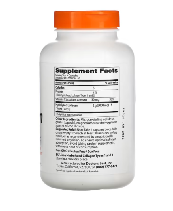 Doctor's Best, Collagen Types 1 and 3 with Peptan and Vitamin C, 500 mg, 240 Capsules (125 mg per Capsule)