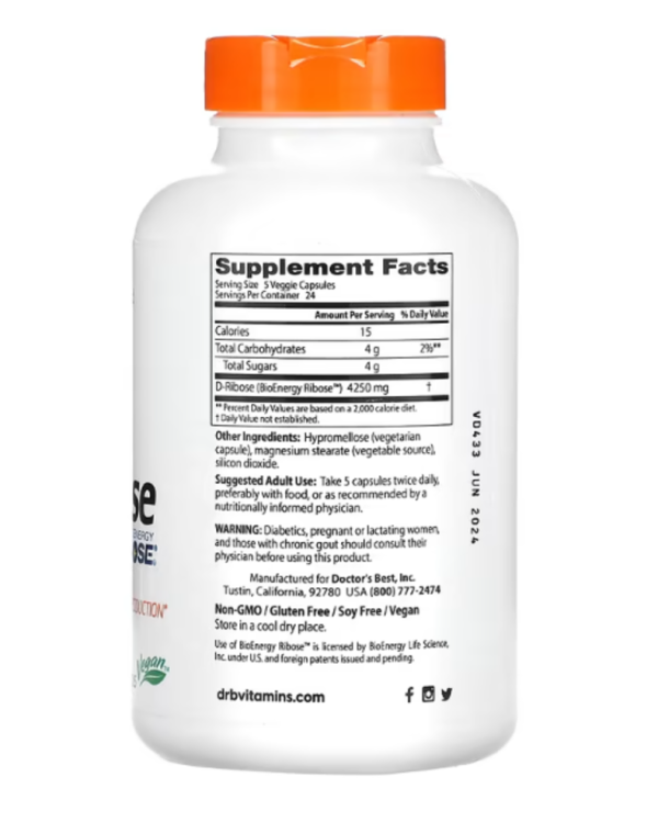 Doctor's Best, D-Ribose with BioEnergy Ribose, 850 mg, 120 Veggie Caps (170 mg per Capsule)