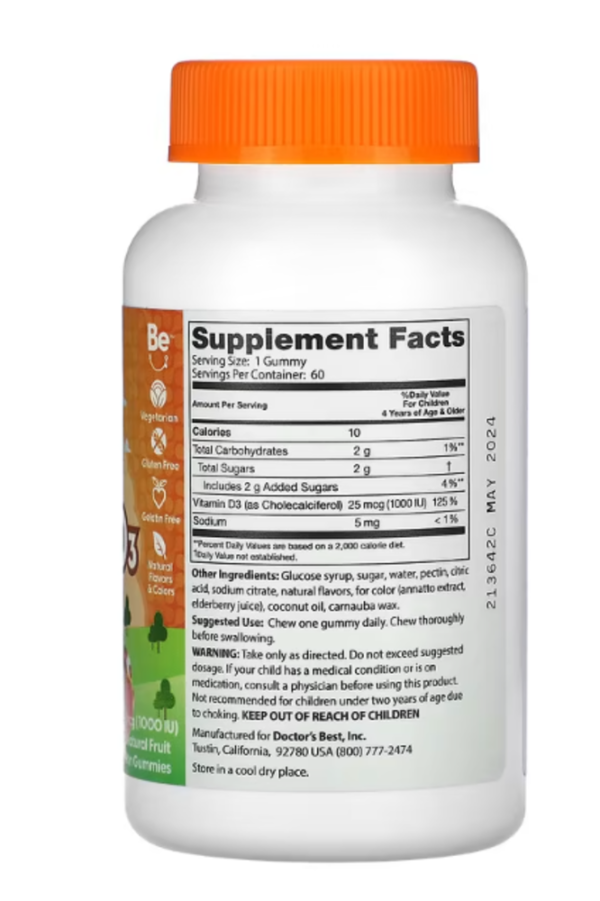 Doctor's Best, Doc's Kids, Vitamin D3 Kids Gummies, All Natural Fruit, 25 mcg (1,000 IU), 60 Natural Fruit Pectin Gummies
