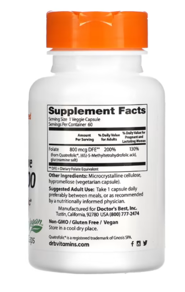 Doctor's Best, Fully Active Folate 800 with Quatrefolic, 800 mcg, 60 Veggie Caps