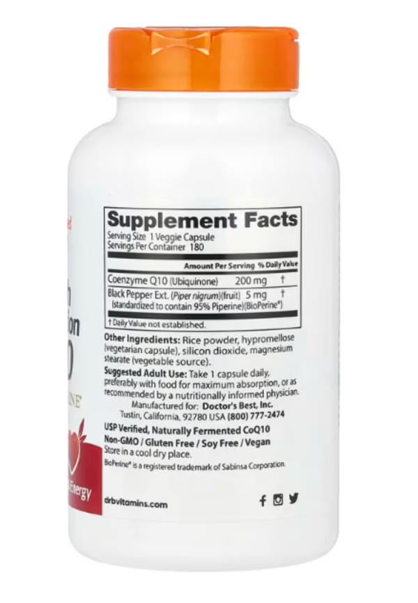 Doctor's Best, High Absorption CoQ10 with BioPerine, 200 mg, 180 Veggie Caps