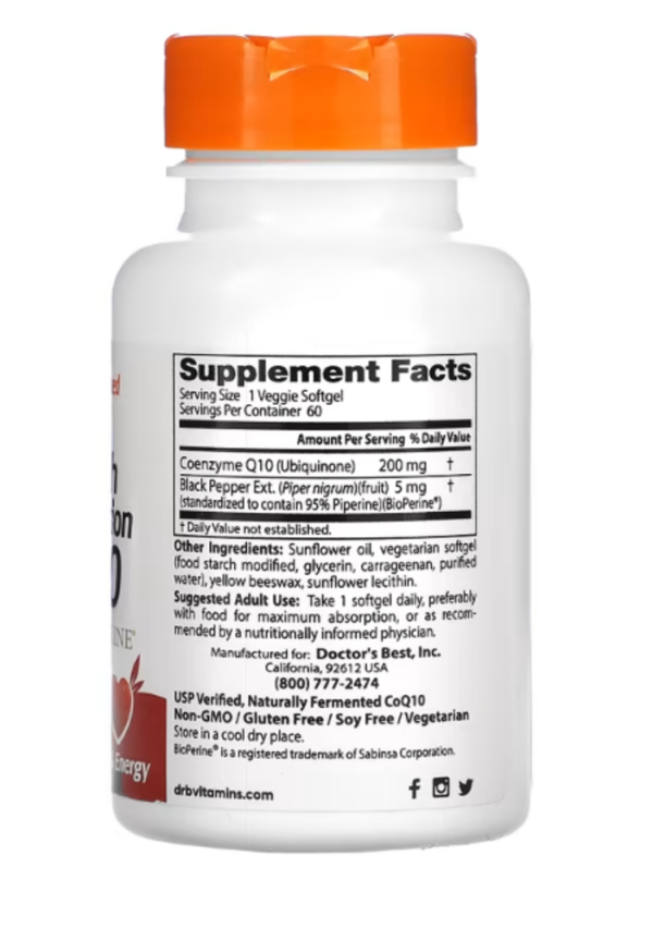 Doctor's Best, High Absorption CoQ10 with BioPerine, 200 mg, 60 Veggie Softgels