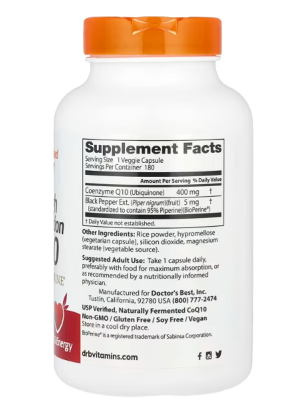Doctor's Best, High Absorption CoQ10 with BioPerine, 400 mg, 180 Veggie Caps