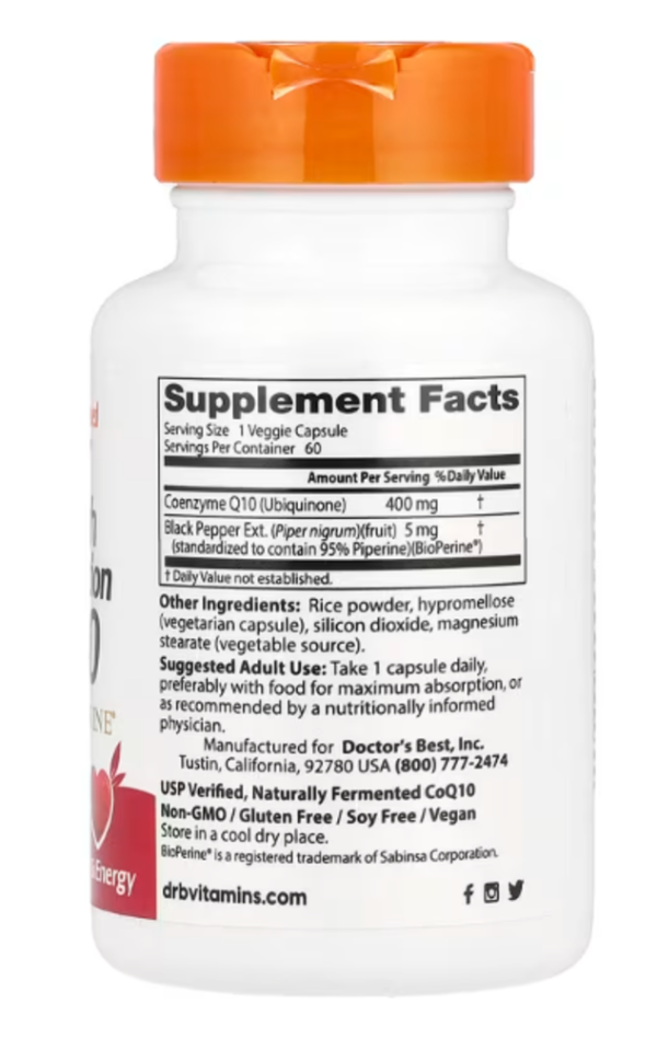 Doctor's Best, High Absorption CoQ10 with BioPerine, 400 mg, 60 Veggie Caps