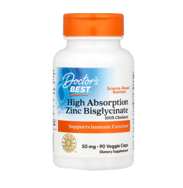 Doctor's Best, High Absorption Zinc Bisglycinate, 100% Chelated, 50 mg, 90 Veggie Caps