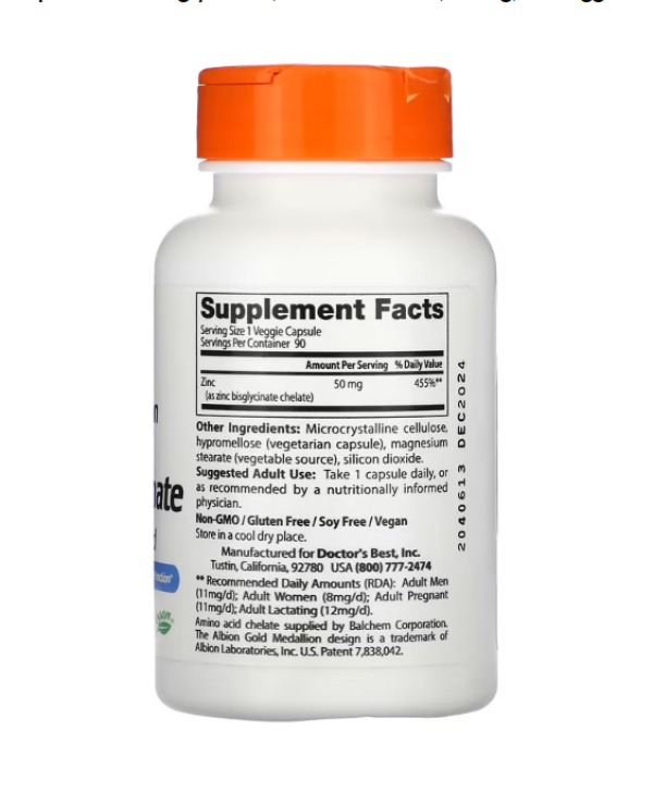 Doctor's Best, High Absorption Zinc Bisglycinate, 100% Chelated, 50 mg, 90 Veggie Caps