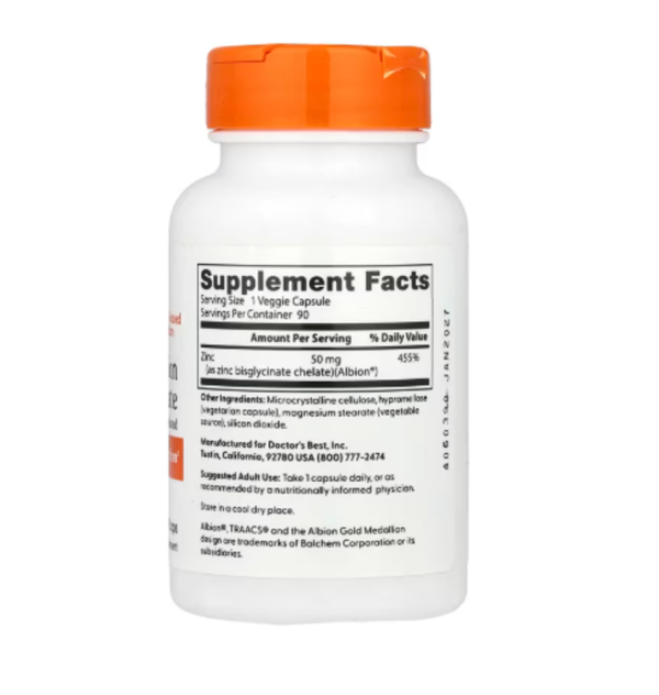 Doctor's Best, High Absorption Zinc Bisglycinate, 100% Chelated, 50 mg, 90 Veggie Caps