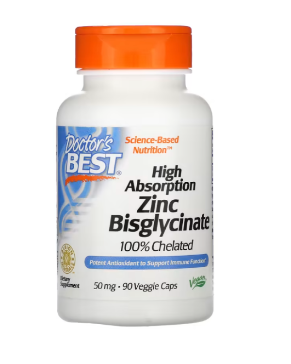 Doctor's Best, High Absorption Zinc Bisglycinate, 100% Chelated, 50 mg, 90 Veggie Caps
