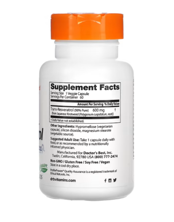 Doctor's Best, High Potency Trans-Resveratrol 600, 600 mg, 60 Veggie Caps