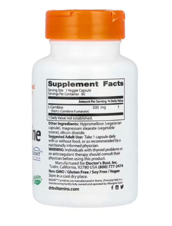 Doctor's Best, L-Carnitine Fumarate with Biosint Carnitines, 855 mg, 60 Veggie Caps