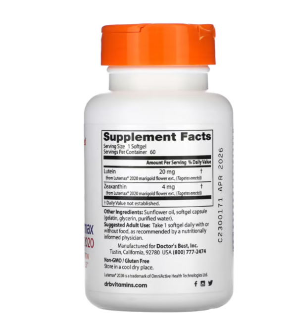 Doctor's Best, Lutein with Lutemax 2020, 20 mg, 60 Softgels