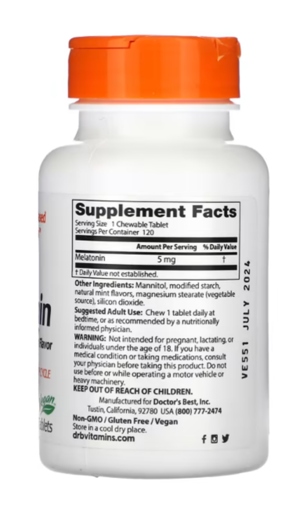 Doctor's Best, Melatonin, Natural Mint Flavor, 5 mg, 120 Chewable Tablets