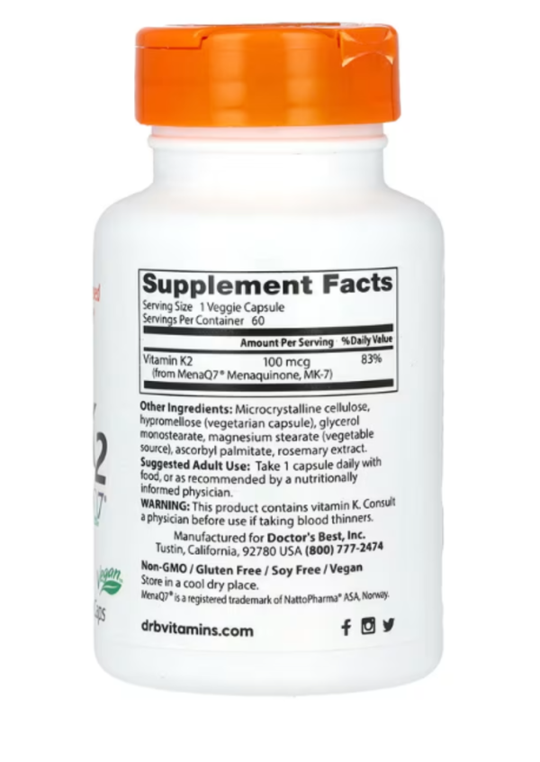 Doctor's Best, Natural Vitamin K2 MK-7 with MenaQ7, 100 mcg, 60 Veggie Caps