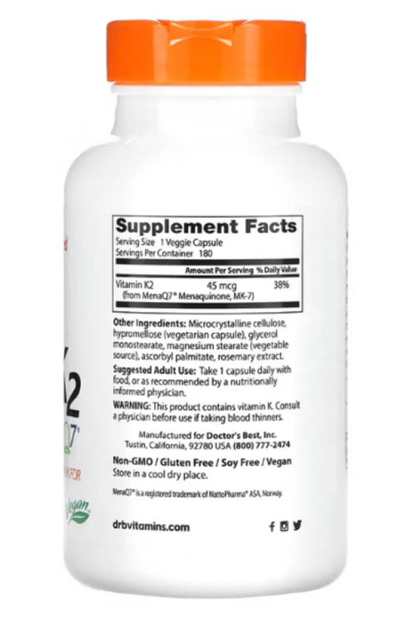 Doctor's Best, Natural Vitamin K2 MK-7 with MenaQ7, 45 mcg, 180 Veggie Caps