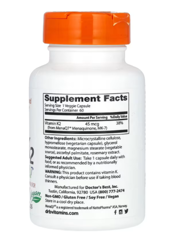 Doctor's Best, Natural Vitamin K2 MK-7 with MenaQ7, 45 mcg, 60 Veggie Caps
